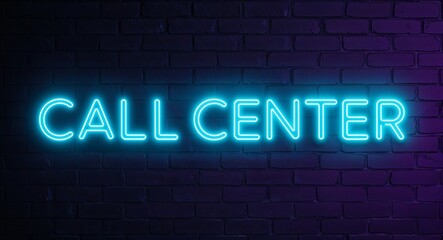 Obraz premium call center word lettering glowing with neon light on dark brick wall background
