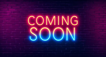 Obraz premium coming soon word lettering glowing with neon light on dark brick wall background