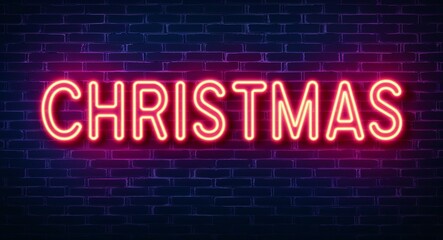 Obraz premium christmas word lettering glowing with neon light on dark brick wall background