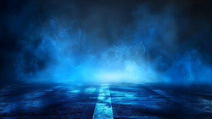 Abstract Blue Smoke Background with a Glowing Road and White Lines