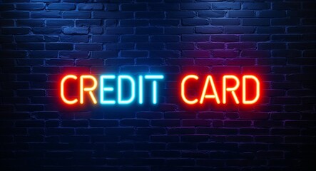 Obraz premium Credit card word lettering glowing with neon light on dark brick wall background