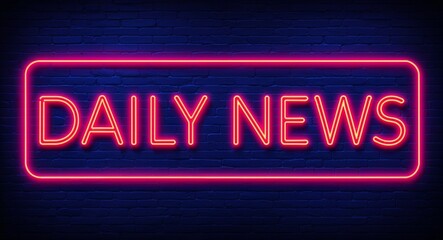 Fototapeta premium daily news word lettering glowing with neon light on dark brick wall background