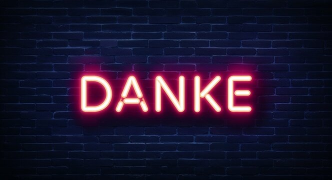 danke word lettering glowing with neon light on dark brick wall background