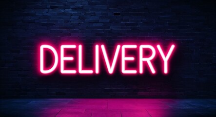 Obraz premium Delivery word lettering glowing with neon light on dark brick wall background