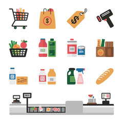 illustrations vector sale offer supper market items icon  for juice and basket ,label ,price , fruits , others 
