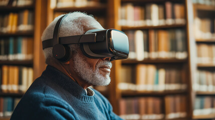 Elderly African American man using VR technology in a bright library, exploring historical landmarks with a thoughtful expression in a warm atmosphere.