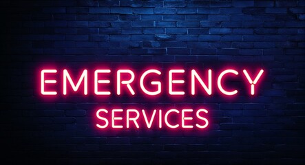 Fototapeta premium Emergency Services word lettering glowing with neon light on dark brick wall background