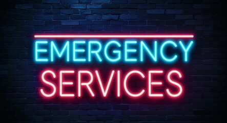Obraz premium Emergency Services word lettering glowing with neon light on dark brick wall background