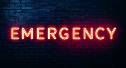 Obraz premium emergency word lettering glowing with neon light on dark brick wall background