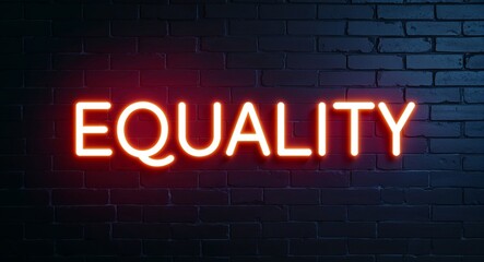 Fototapeta premium equality word lettering glowing with neon light on dark brick wall background