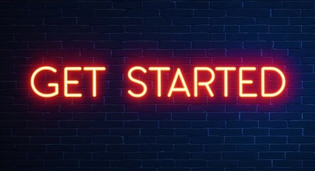 Obraz premium Get started word lettering glowing with neon light on dark brick wall background