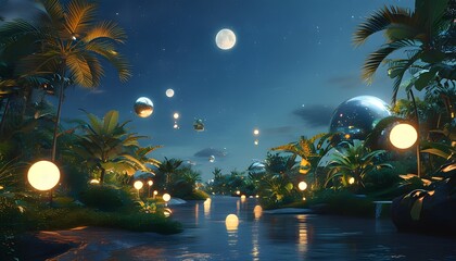 Futuristic nocturnal garden with glowing spheres, tropical foliage, and a celestial sky filled with hovering objects and a luminous moon