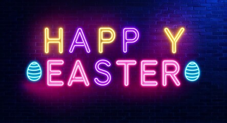 Obraz premium happy easter word lettering glowing with neon light on dark brick wall background