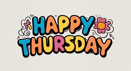 happy Thursday word lettering with groovy doodles drawing design on plain white background