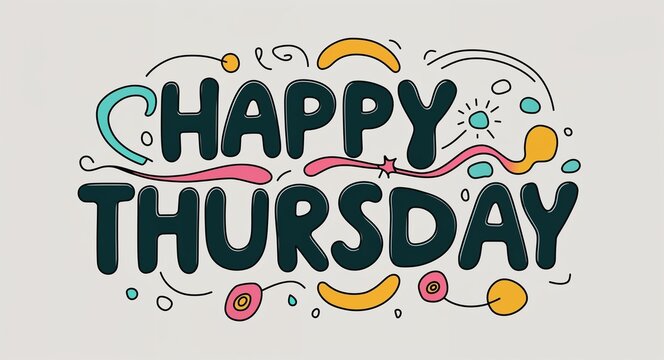 happy Thursday word lettering with groovy doodles drawing design on plain white background