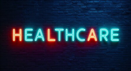Fototapeta premium healthcare word lettering glowing with neon light on dark brick wall background