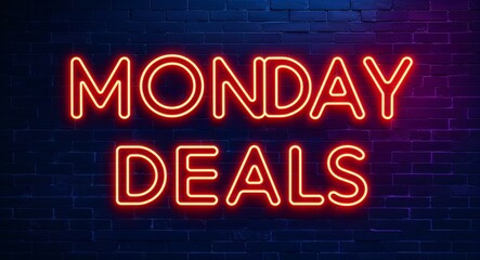 Monday deals word lettering glowing with neon light on dark brick wall background