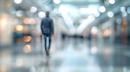 Blurred Abstract Background of a Person Walking in a Modern Building with Bokeh Lights