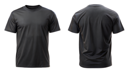 A plain black t-shirt displayed from the front and back, showcasing its simple design and fabric texture.