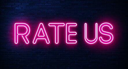 Obraz premium Rate Us word lettering glowing with neon light on dark brick wall background
