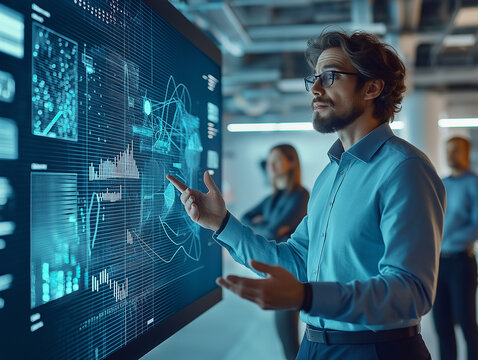 A data scientist presents complex analytics data on a large digital screen, engaging colleagues in a modern office environment