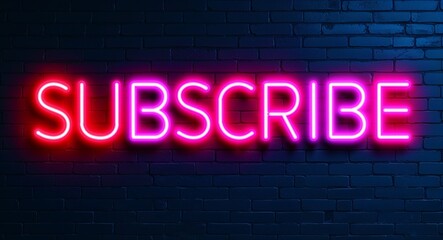 Obraz premium Subscribe word lettering glowing with neon light on dark brick wall background