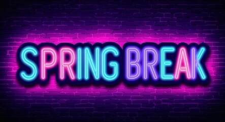 Obraz premium spring break word lettering glowing with neon light on dark brick wall background