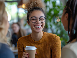 A team of colleagues shares a light-hearted moment, laughing and enjoying a casual conversation, fostering a positive work environment