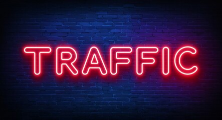 Obraz premium traffic word lettering glowing with neon light on dark brick wall background