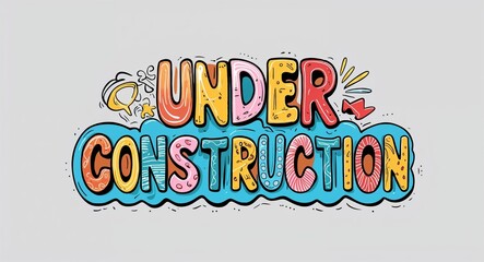 under construction word lettering with groovy doodles drawing design on plain white background