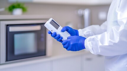 A close-up of a pest control worker holding a handheld device to monitor for pests in a modern residential kitchen.