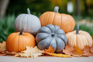 A collection of pumpkins in various sizes and colors, including orange and gray, surrounded by autumn leaves, capturing the essence of fall decor and harvest season