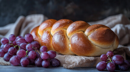 Challah Bread and Grapes, a rustic scene featuring braided challah and grapes, symbolizing abundance and blessings, with copy space, Rosh Hashana