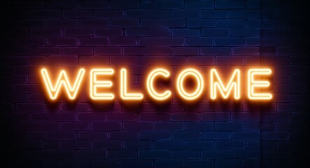Obraz premium welcome word lettering glowing with neon light on dark brick wall background