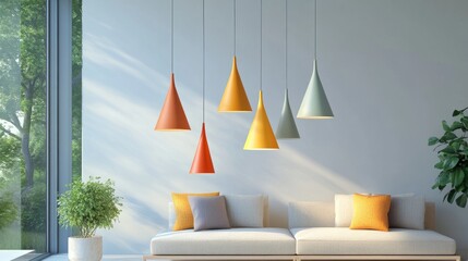 Modern minimalist colorful hanging lamps in clean, simple shapes, set against a light, neutral backdrop.
