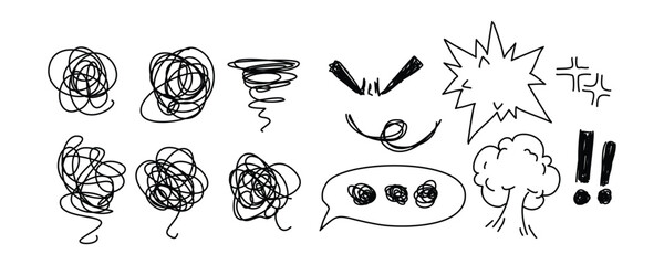 Sketch line style elements set , elements Hand-drawn style, Hand drawn angry effect emotion bang, boom, pow, vector illustration. isolated on white background.