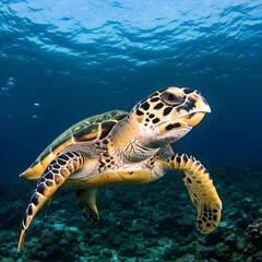 Obraz premium Hawksbill Sea Turtle flowing into transparent water ocean
