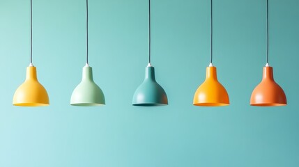 Obraz premium Set of modern, colorful hanging lamps with minimalist designs, arranged in a row against a clean, simple backdrop