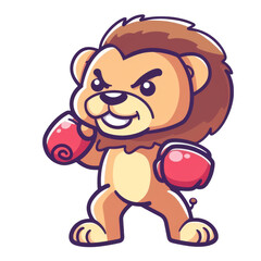 Obraz premium A cute cartoon lion wearing red boxing gloves, ready to fight.