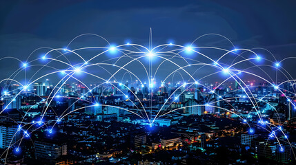Obraz premium A Nighttime Aerial View of a Cityscape with Glowing Network Connections Representing Digital Connectivity