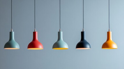 Naklejka premium Simple and stylish hanging lamps in various bright colors, perfect for minimal interiors, isolated on a plain background.