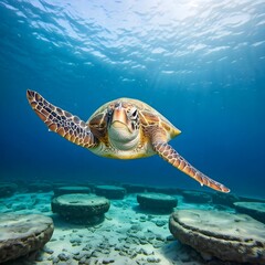 Obraz premium Hawksbill Sea Turtle flowing into transparent water ocean