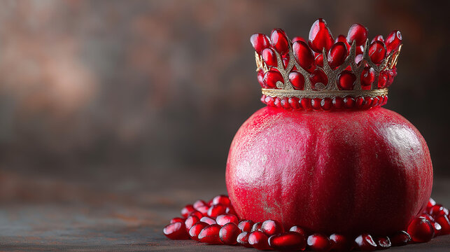 Pomegranate Crown, a single large pomegranate styled as a royal crown, symbolizing abundance and kingship, with copy space, Rosh Hashana