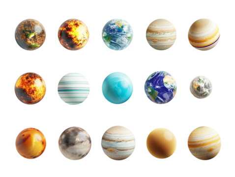 set of planets from the solar system, isolated against a transparent background