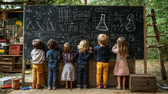 A group of children are drawing on a blackboard