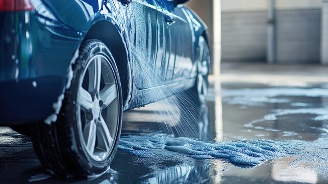 Auto lavado service featuring a sparkling clean car being washed in a modern facility. This dynamic scene captures the essence of vehicle care and maintenance