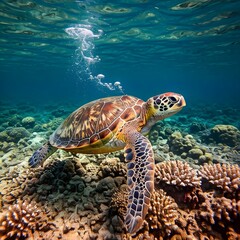 Obraz premium Hawksbill Sea Turtle flowing into transparent water ocean