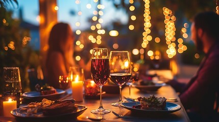 A beautifully arranged dinner table for a romantic evening scene with a couple featuring champagne glasses roses etc
