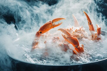 In a pot of boiling water, crab legs and claws emerge as steam swirls around, showcasing the dynamic seafood