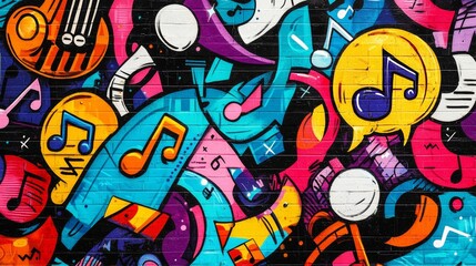 Fototapeta premium Graffiti wall with music-themed elements, street art featuring instruments